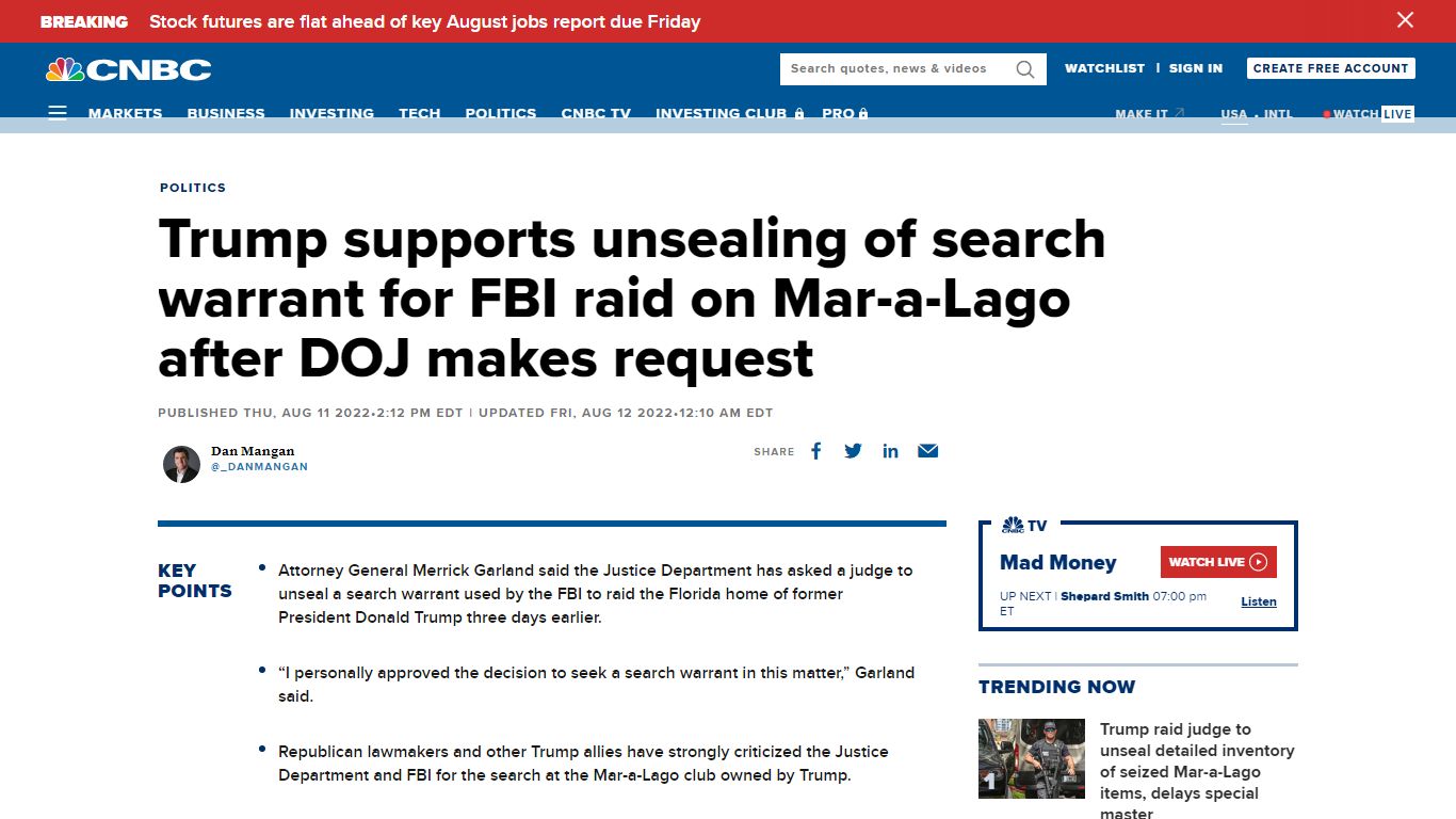 Trump search warrant: DOJ, former president ask for unsealing of FBI ...